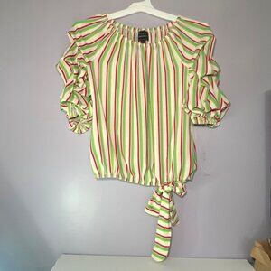 Coco Bianco Striped Ruffle‎ Sleeve Top With Tie Waist Multicolor Size S